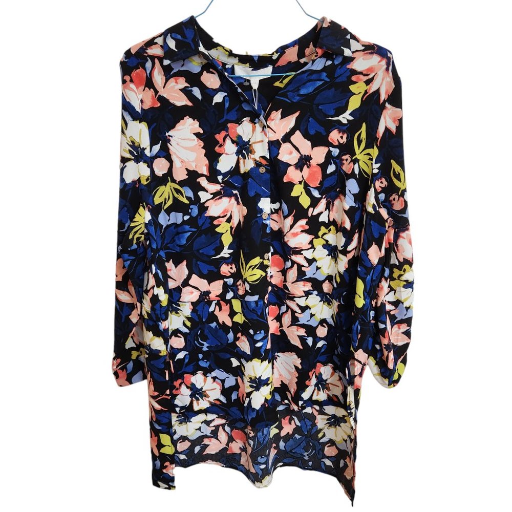 Adyson Parker Split Neck Black/Blue Floral Tunic Blouse - lots of detail Size 1X